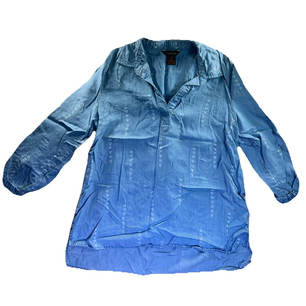 Multiples Women's Sz Medium Long Sleeve Blue White Tunic Top Blouse